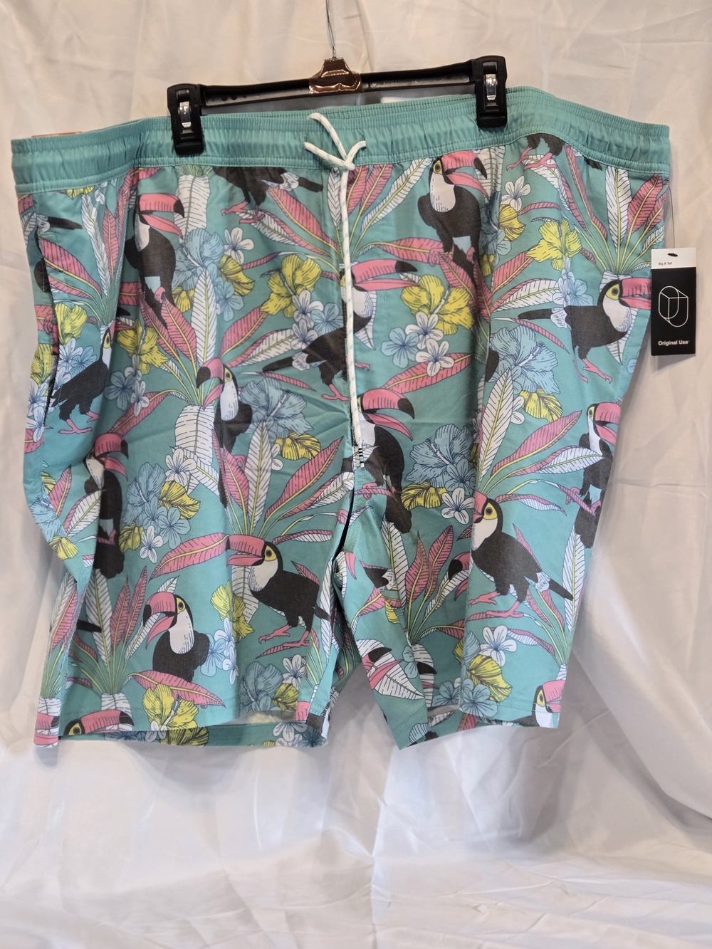 Original Use Men's Swim Trunks Size 4XL NWT Turquoise Tropical Toucan Floral